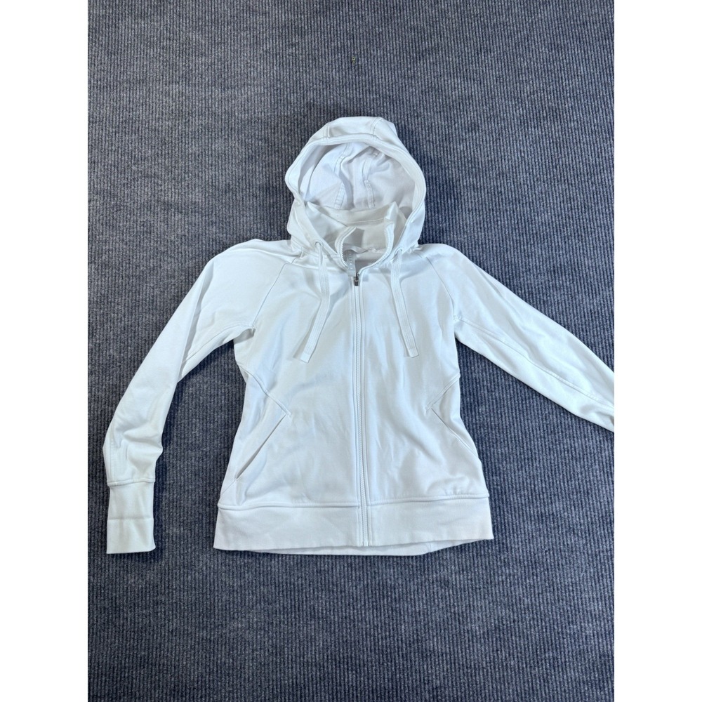 Athleta Women's White Hooded Full Zip Jacket M, Pockets, Thumbholes, Long Sleeve